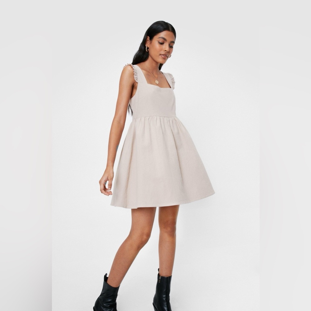 Nasty Gal Ruffle Strap Babydoll Mini Smock Dress | Stone Beige | Size 6